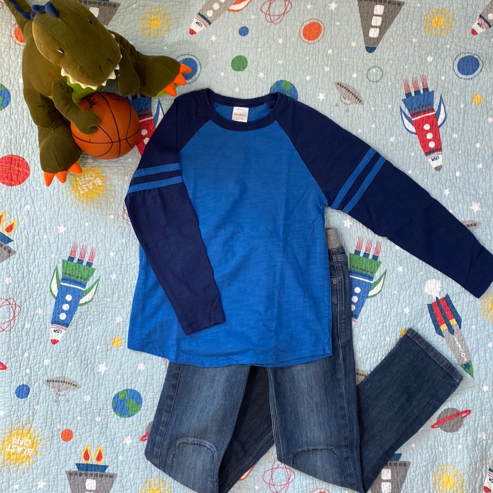 Hanna Anderson, blue, baseball style t-shirt, size 8 (130cm)